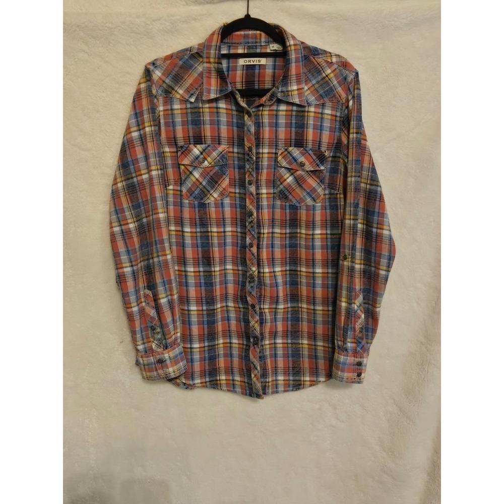 Orvis Mens Size M Plaid Western Button Down Shirt Pink Blue Long Sleeve